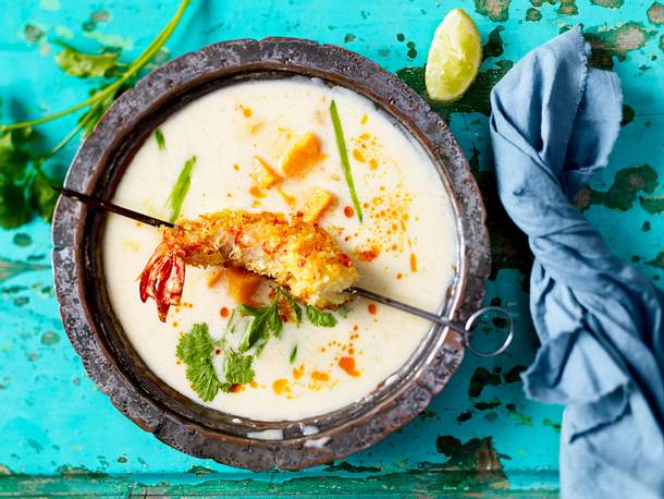 Thaigarnelenspieß zu Süßkartoffel-Kokossuppe Rezept Thaigarnelenspieß zu Süßkartoffel-Kokossuppe Rezept