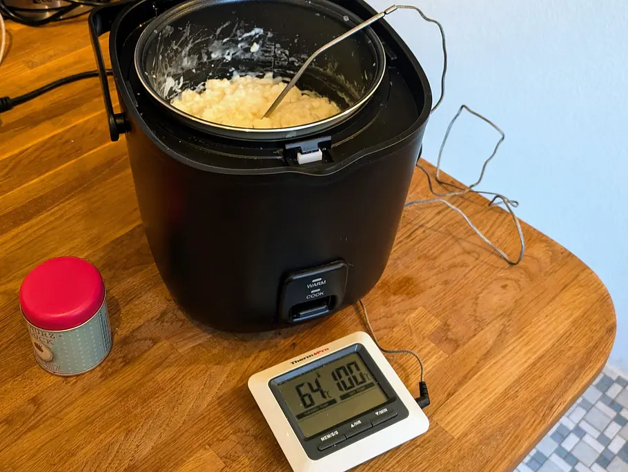 Digitales ThermoPro Grillthermometer Backen Das ThermoPro Thermometer steckt in einem elektrischen Topf mit Teig.