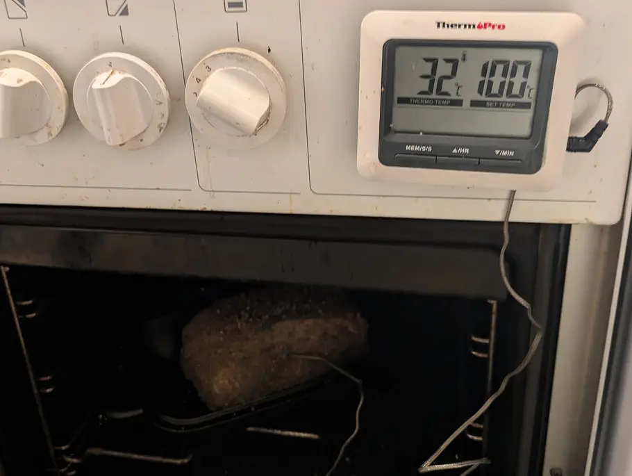 Digitales ThermoPro Grillthermometer Ofen Das digitale ThermoPro Grillthermometer und die magnetische Anzeigeneinheit am Ofen.