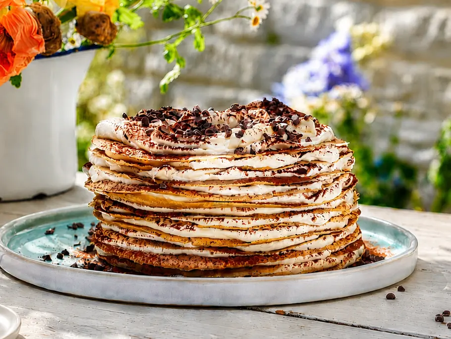 Tiramisu-Pfannkuchen-Torte Eine Tiramisu-Pfannkuchen-Torte mit Kakaonibs bestreut auf einer weißen Servierplatte steht draußen auf einem Gartentisch. Links im Hintergrund ein Blumenstrauß.