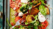 Tomaten-Brot-Salat mit Büffelmozzarella auf einem Blech mit Wildkräutersalat - Foto: House of Food / Bauer Food Experts KG