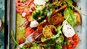 Tomaten-Brot-Salat mit Büffelmozzarella auf einem Blech mit Wildkräutersalat - Foto: House of Food / Bauer Food Experts KG