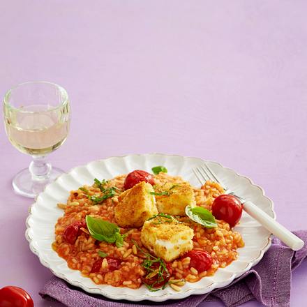 Tomaten-Risotto mit panierten Feta-Schnitzeln Rezept