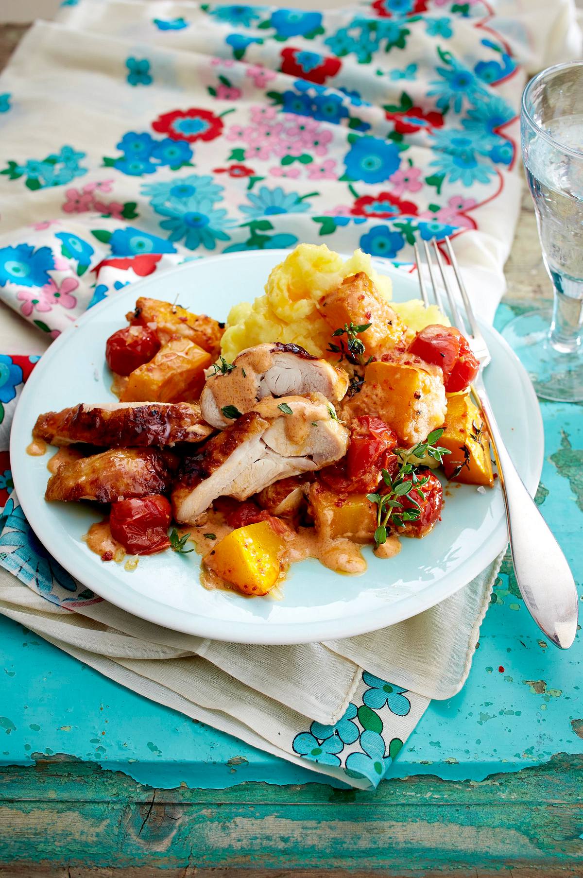 Überbackene Hähnchenteile mit Sahnekürbis und Tomaten Rezept