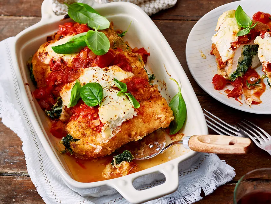 Überbackene Spinat-Ricotta-Hähnchenfilets Rezept