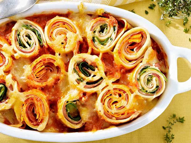 Überbackene Gemüse-Pfannkuchen mit Schinken Rezept