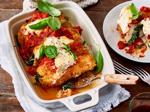 Überbackene Spinat-Ricotta-Hähnchenfilets Rezept
