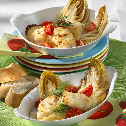 Überbackener Chicoree mit Fisch Rezept