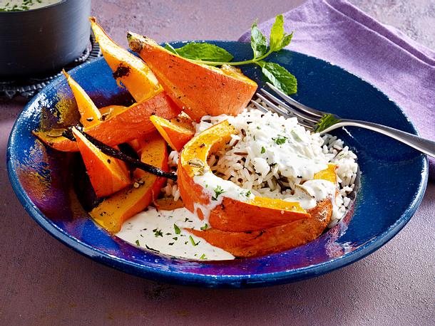 Vanille-Kürbis mit Wildreis und Frischkäse-Soße Rezept Vanille-Kürbis mit Wildreis und Frischkäse-Soße Rezept