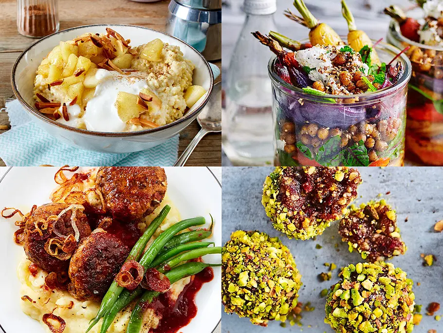 Veganer Wochenplan Foto-Collage mit 4 veganen Gerichten aus dem veganen Wochenplan