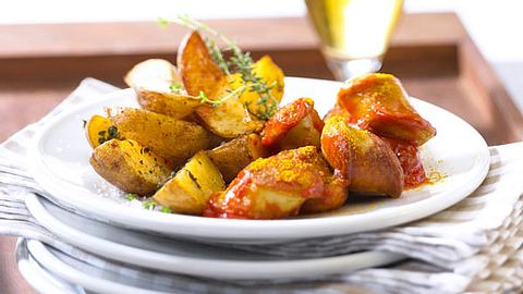Völlerei mit Rudisoße (Stadionwurst nach Art des Hauses und Kartoffel-Ecken) Rezept - Foto: House of Food / Bauer Food Experts KG