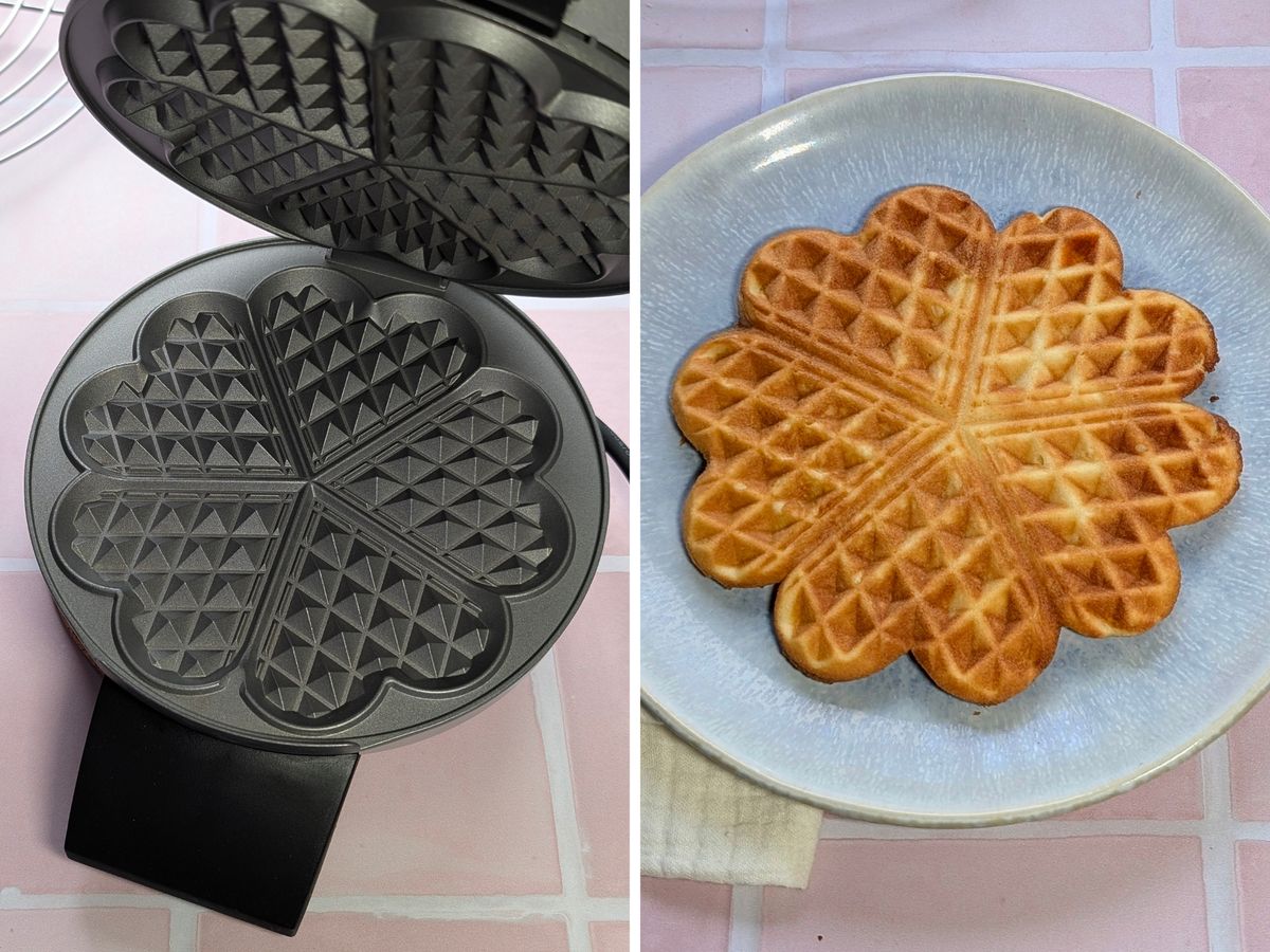 Aufgeklapptes Waffeleisen Cloer 1629, daneben eine fertig gebackener Waffel