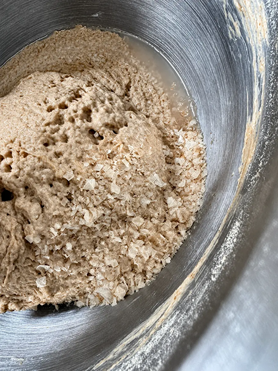 Wasser und Salz hinzugeben In einer Metallschüssel liegt eine beige, blasige Teigmasse mit hellen Flocken und etwas Flüssigkeit am Rand.