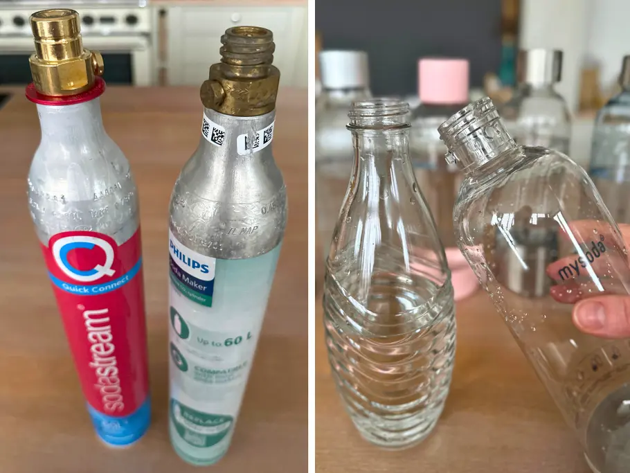 Links: Der pinke SodaStream-Zylinder neben dem grün-blauen Schraubzylinder von Philips; rechts: die Einklick-Glasflasche vom SodaStream Crystal neben der Schraubflasche aus Kunststoff von Mysoda