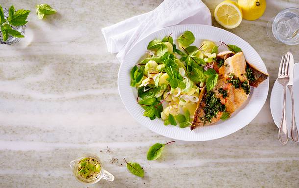 Wildkräuter-Kartoffelsalat mit Saiblingsfilet Rezept Wildkräuter-Kartoffelsalat mit Saiblingsfilet Rezept