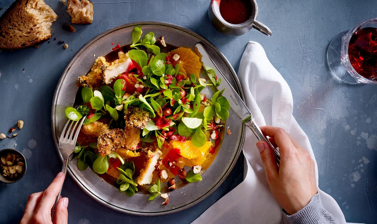 Winterportulak auf Orangen-Carpaccio mit Lupinen und Cranberry-Dressing Rezept