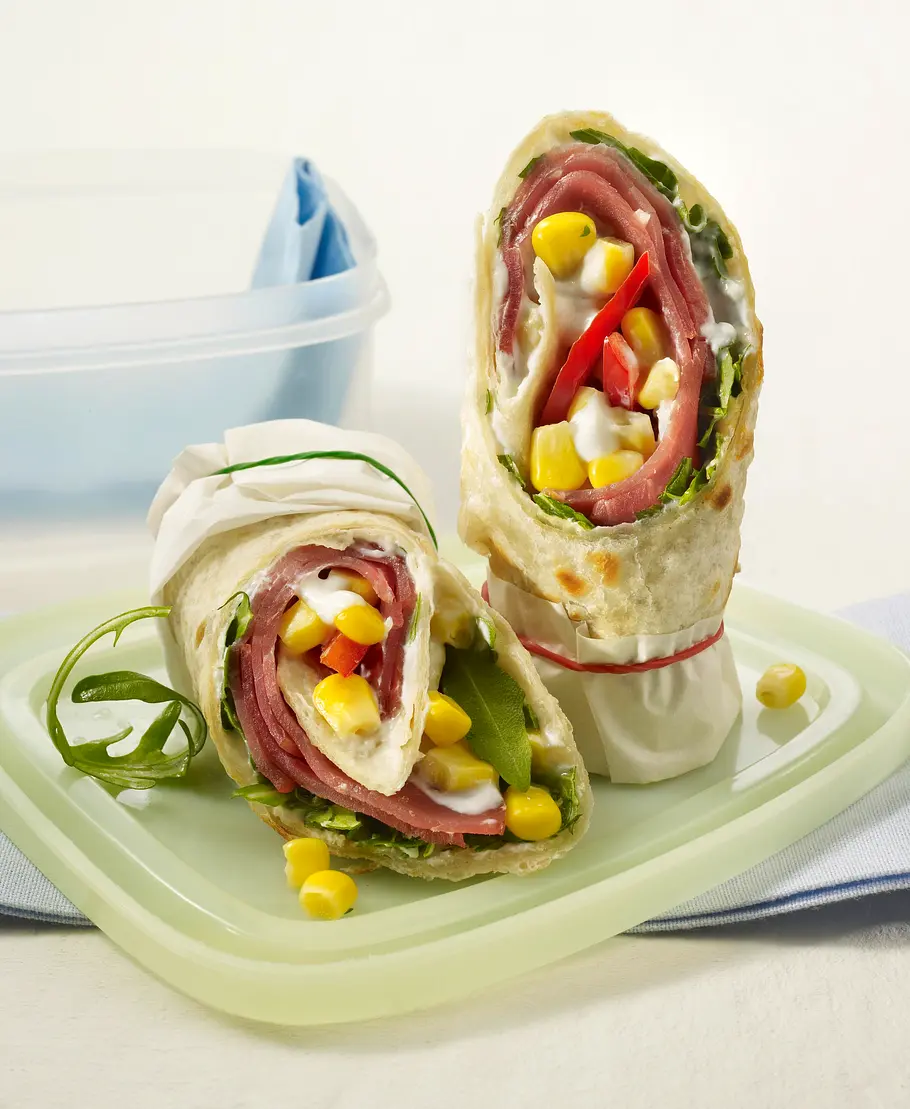 Wrap mit Lachsschinken, Paprika und Mais Rezept Wrap mit Lachsschinken, Paprika und Mais Rezept