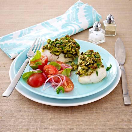 Zanderfilet in Pistazien-Senfhülle mit Tomatensalat Rezept