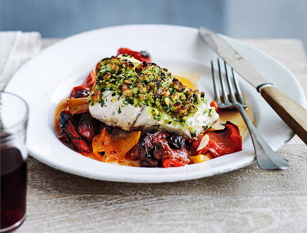 Zanderfilet mit Grissini-Kruste auf Paprika Rezept