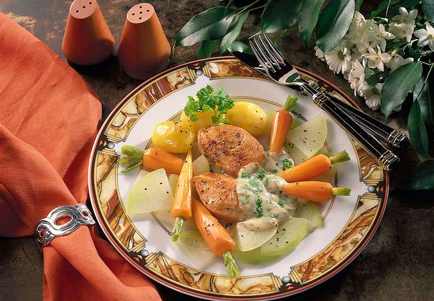 Zartes Gemüse mit Putensteaks und Kerbelsoße Rezept