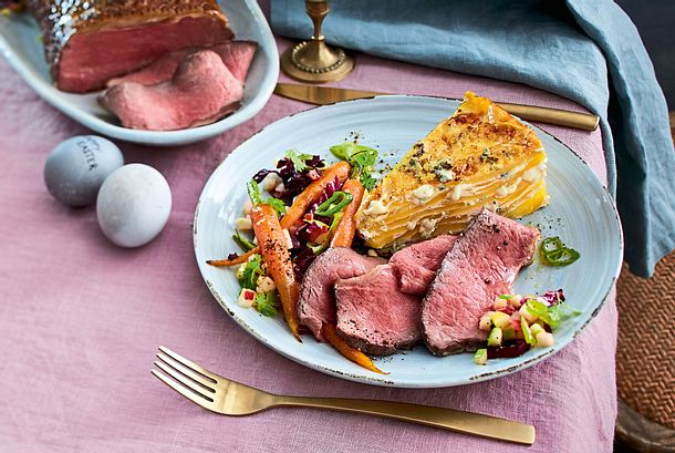 Zartes Roastbeef zu Kartoffel-Käse-Kuchen Rezept