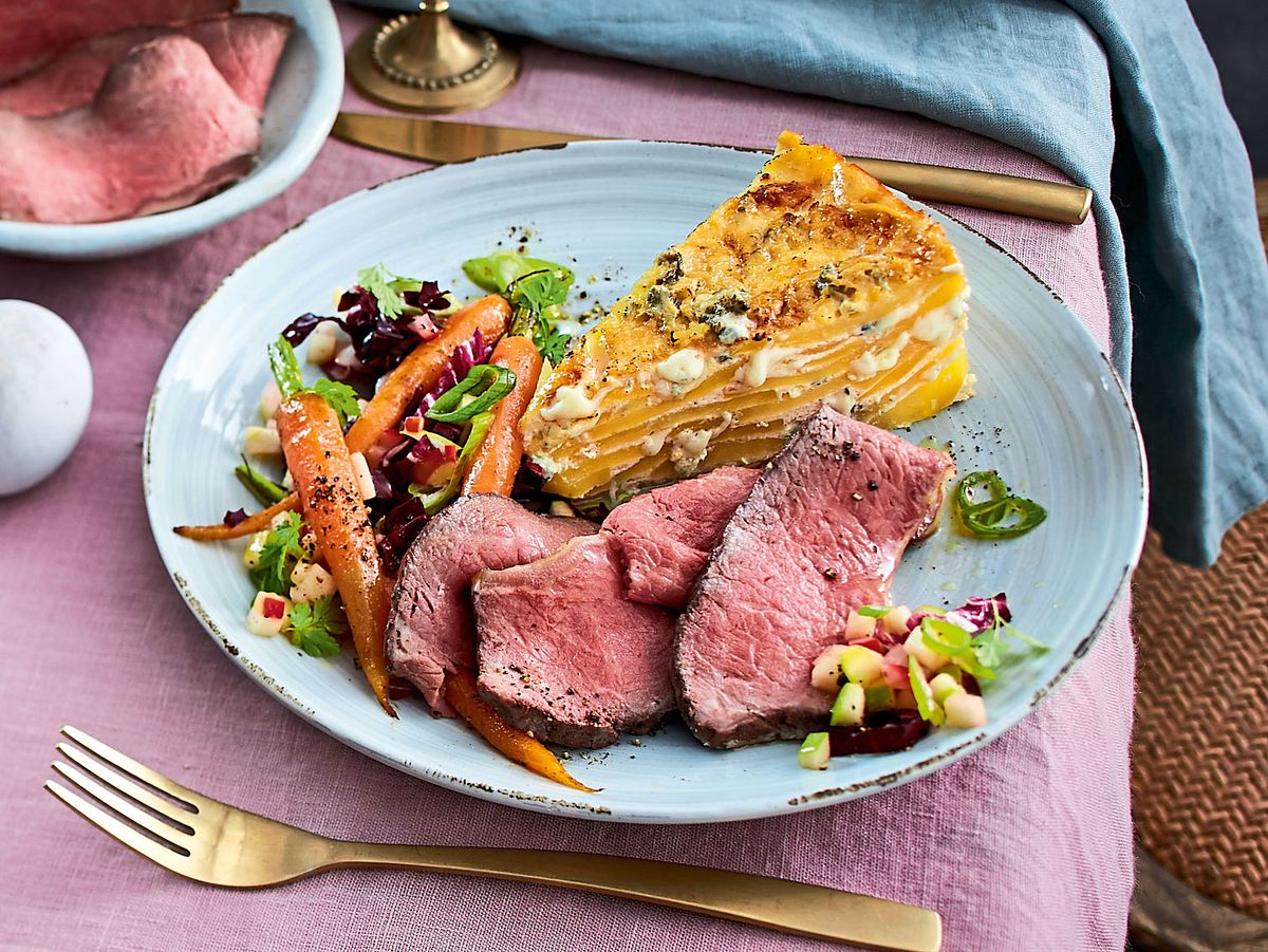 Zartes Roastbeef zu Kartoffel-Käse-Kuchen Rezept