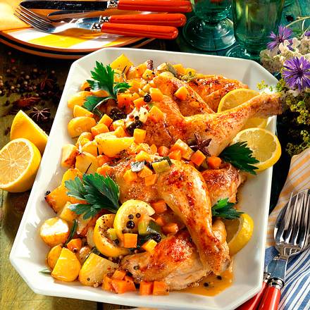 Zitronen-Hähnchen auf Röstgemüse Rezept