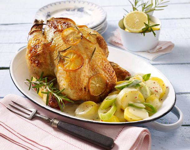 Zitronenhähnchen mit Béchamel-Kartoffeln und Porree Rezept