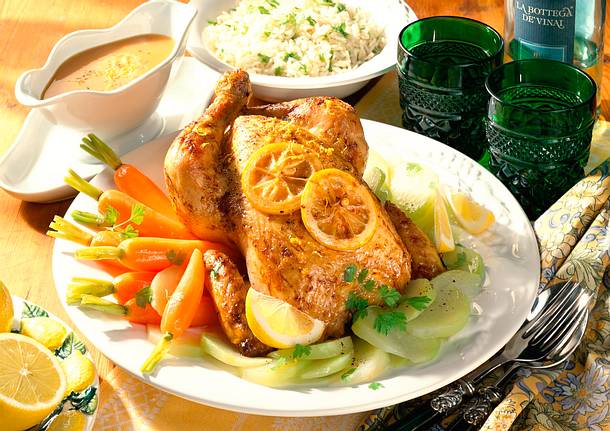Zitronenhähnchen mit jungem Gemüse Rezept
