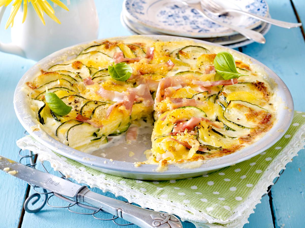 Zucchini-Kartoffel-Gratin mit Schinken Rezept