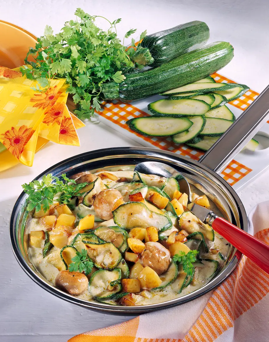 Zucchini-Pfanne mit Wurstklößchen Rezept
