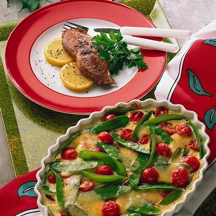 Zuckerschoten-Tomaten-Gratin Rezept