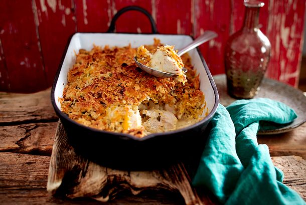 Zupfhähnchengratin mit Knusperkruste Rezept Zupfhähnchengratin mit Knusperkruste Rezept