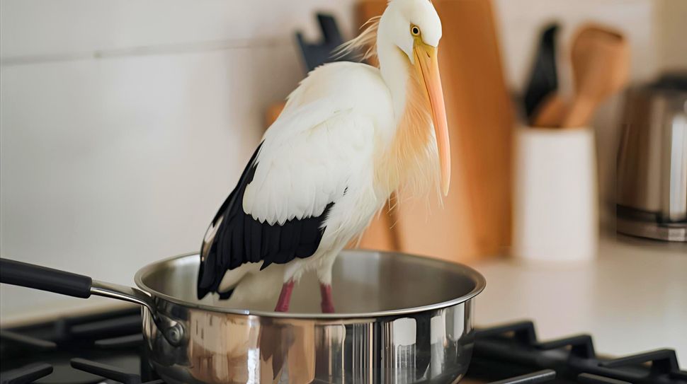 Ein Gasherd mit einer tiefen Pfanne, in der ein lebender Storch zum Braten steht. - Foto: LECKER @ Bauer Media Group / KI generiert / Nicole Molitor
