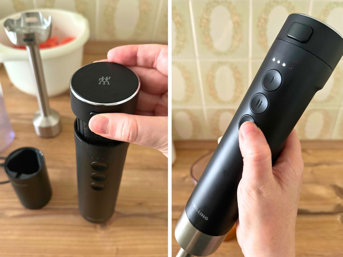Bedienung vom Zwilling Xtend Akku-Stabmixer Links: der Zwilling Xtend Akku-Stabmixer mit eingesetztem Akku; rechts: das Bedienfeld des Akku-Stabmixers im Close-up